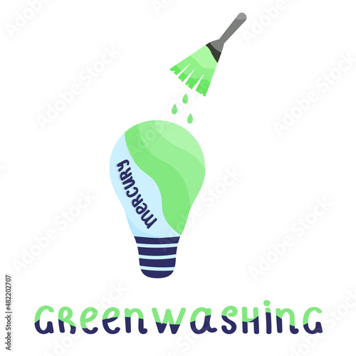 A brush paints over a mercury lamp with green paint, handwritten text. Greenwashing concept, green marketing