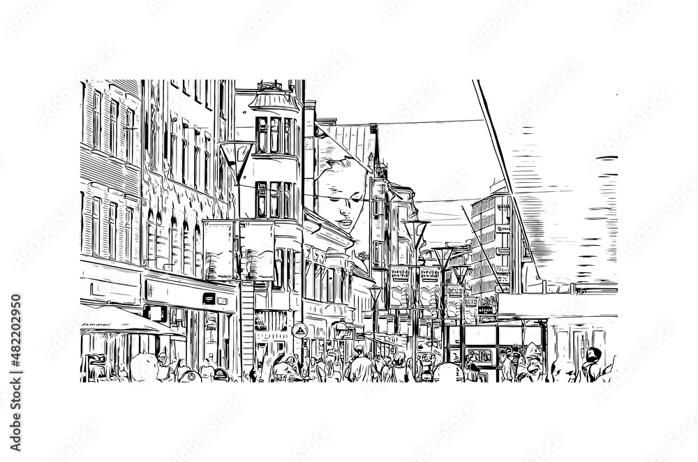 Building view with landmark of Malmo is a coastal city in southern Sweden. Hand drawn sketch illustration in vector.