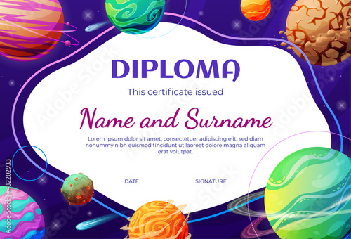 Kids diploma template with place for text decorated by 3d futuristic galaxy planet vector