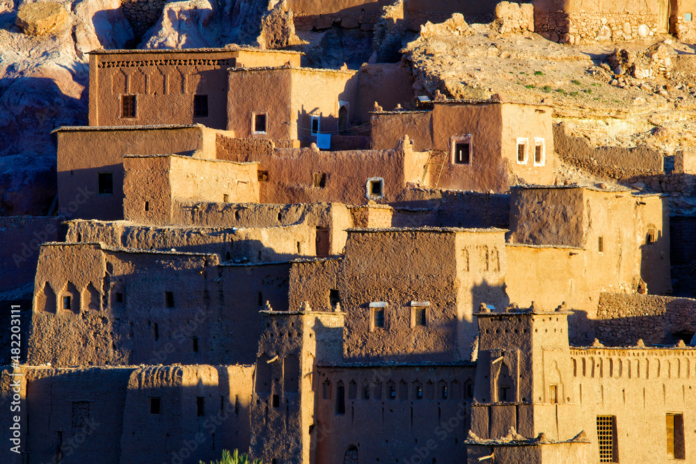 Morocco, Ait Ben Haddou, historical berber fortified village along the former caravan route between Sahara and Marrakech. Example of Moroccan earthen clay architecture. UNESCO World Heritage Site