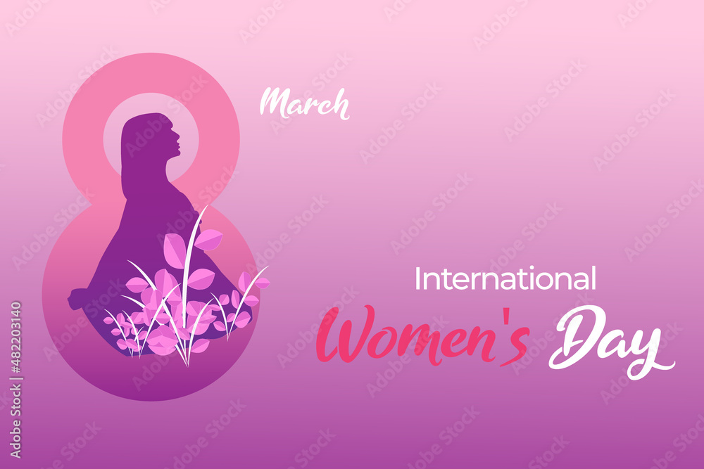 Happy Women's Day Floral Greeting Card Design. International Woman Holiday Illustration with Woman Silhouette Design, International Vector March 8 Happy Women's Day Floral Greeting Card Design. International Woman Holiday Illustration with Woman Silhouette Design, International Vector March 8
