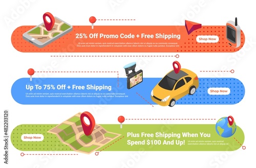 Collection online promo code free shipping isometric landing page vector illustration