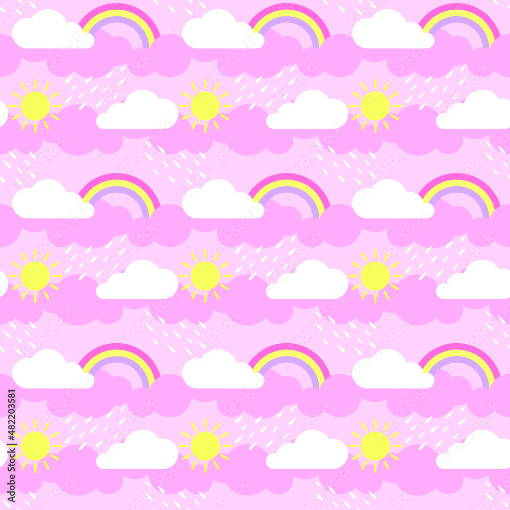 Rainbow, sun, clouds, rain on a pink sky background. Seamless pattern, print, vector illustration