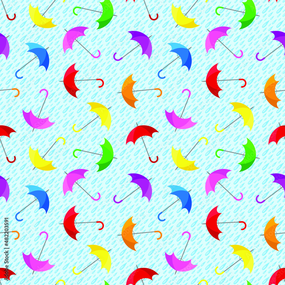 Multicolored umbrellas on a blue rain background. Seamless pattern, print, vector illustration Multicolored umbrellas on a blue rain background. Seamless pattern, print, vector illustration