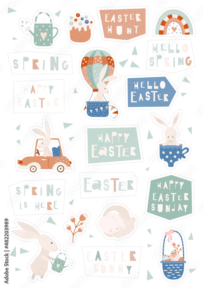 Retro Easter Sticker Collection, hand cut lines. Easter Bunny clipart, egg, Easter phrases. Vector illustration. Isolated on white background.