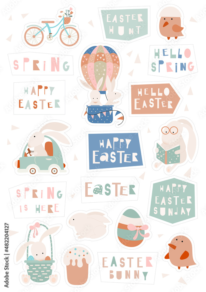 Vintage Easter Sticker Collection, hand cut lines. Easter Bunny clipart, egg, Easter quotes. Vector illustration. Isolated on white background.