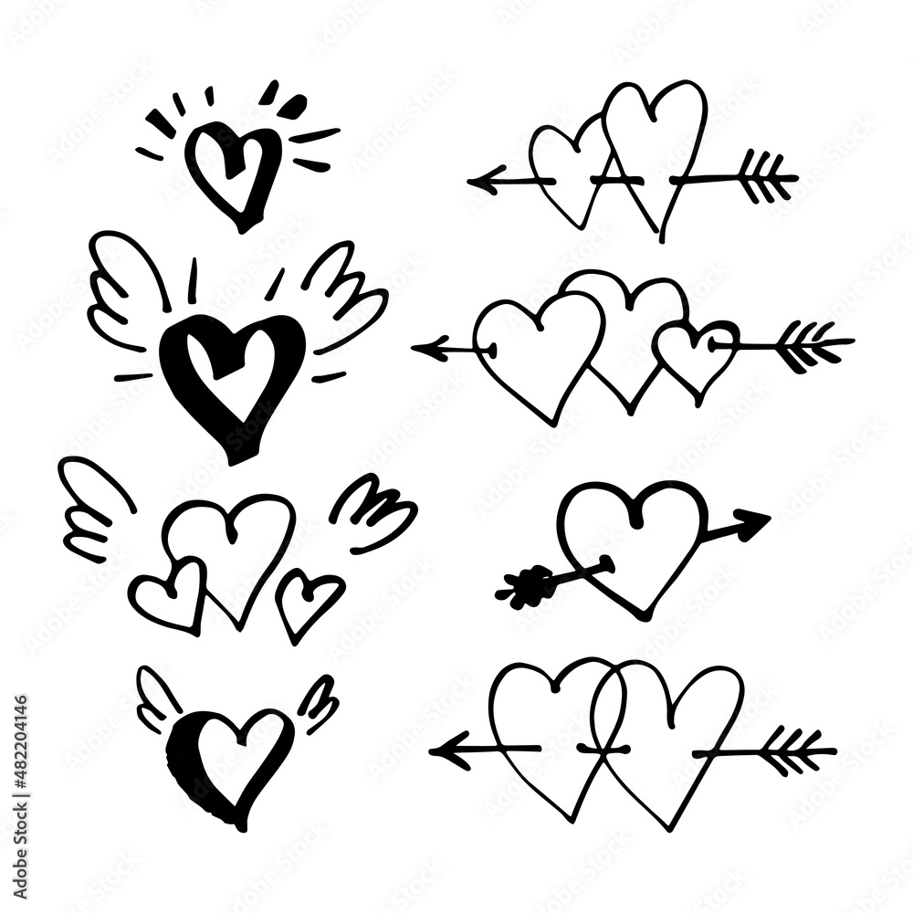 Hand drawn hearts with little wings and pierced with arrow. Symbol of love. Doodle style Valentine's day illustration. Vector. Hand drawn hearts with little wings and pierced with arrow. Symbol of love. Doodle style Valentine's day illustration. Vector.
