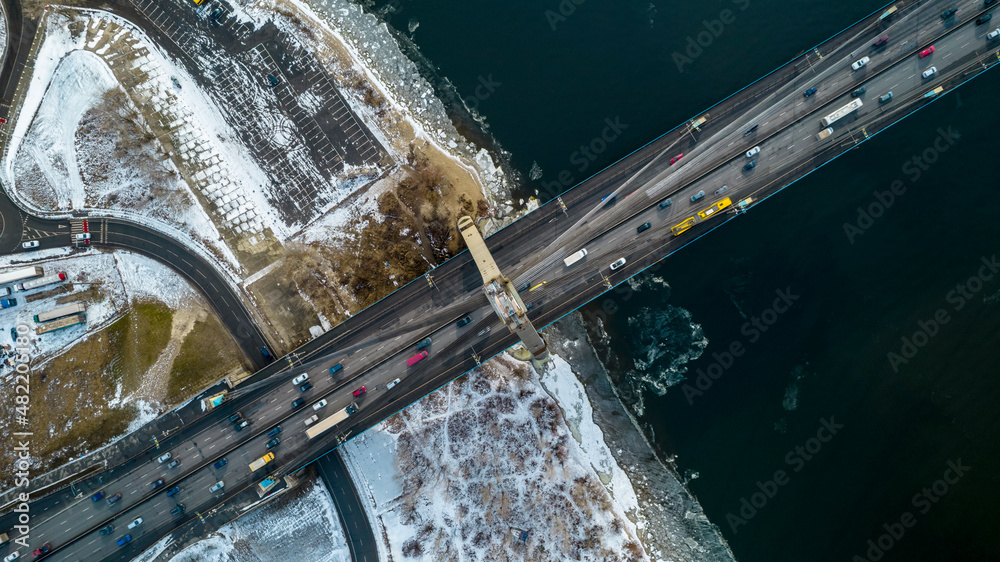 Aerial view of a transport bridge in winter
