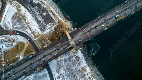 Aerial view of a transport bridge in winter