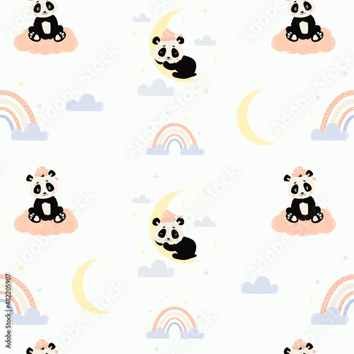 Seamless pattern. Cute sleeping panda on moon and bear cub on cloud on white background with rainbow and star. Vector illustration. Scandinavian kids collection for design, decor, packaging, wallpaper