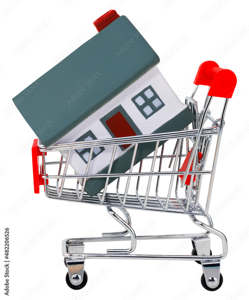 Shopping cart and house isolated on white background. Real estate sale or purchase concept