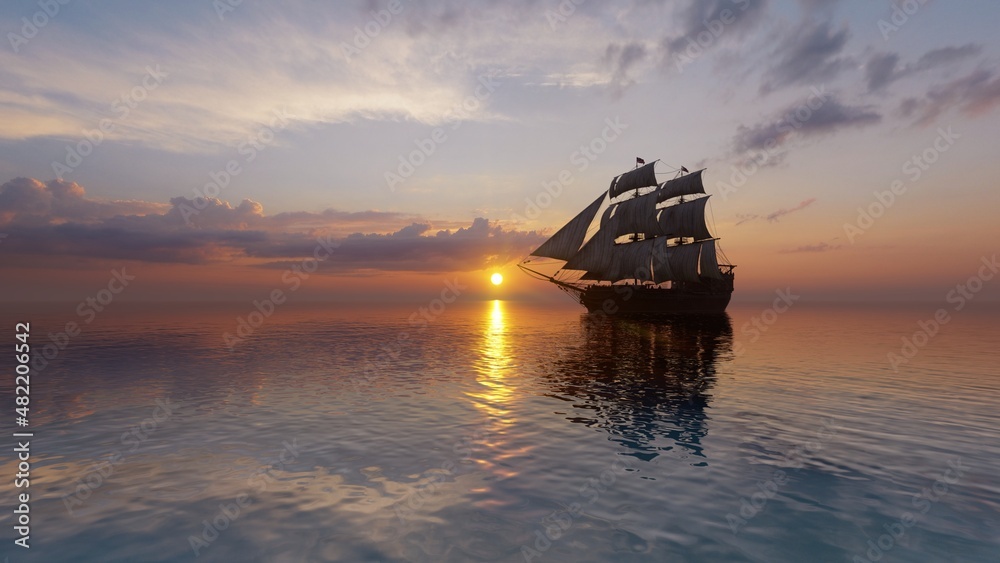 Sailing ship goes to the open sea in the evening. The sun shines over a sailing ship in the ocean bay. Boat trip through beautiful seascapes. 3D visualization