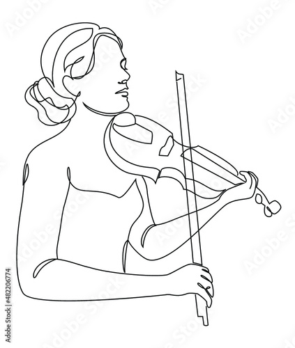 Silhouette of a beautiful woman with a violin in a modern continuous line style. Violinist girl, slender. Continuous line drawing, decor aesthetic outline, posters, stickers, logo. Vector illustration