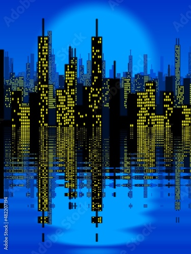 NYC city that never sleeps with many window lights on a turquoise and blue moon sky
