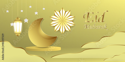 3d modern islamic holiday banner in golden yellow monotone design.Podium display with Ramadan lantern. Moon: Eid Mubarak.