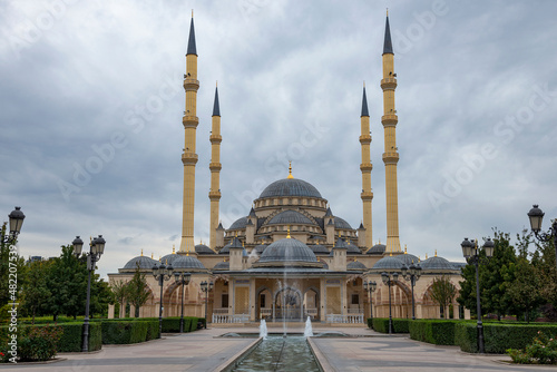 The Heart of Chechnya Mosque under the evening cloudy sky. Grozny, Chechen Republic photo