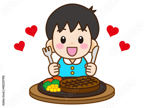 ステーキを食べる男の子のイラスト素材2