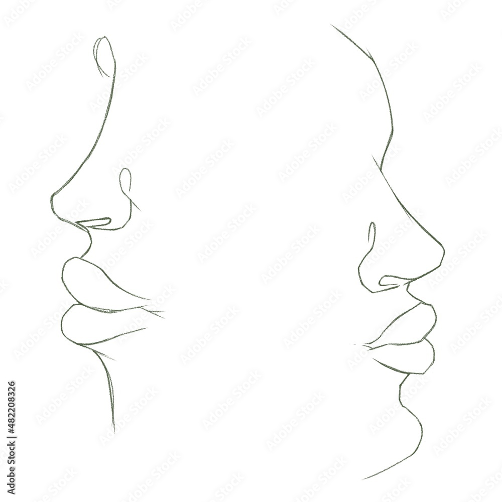 Silhouette of two halves of the face. Linear illustration. Sketches of a man's face. Silhouette of two halves of the face. Linear illustration. Sketches of a man's face.