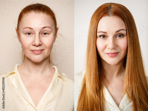 Woman before and after makeup. . The concept of transformation  beauty after applying makeup with a makeup artist. Result without retouching