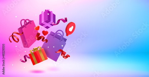 Shopping concept with boxes, bags, hearts and ribbons. 3d vector landscape orientation banner with copy space