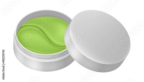 Realistic eye patches in cosmetics jar. Green gel patches. Facial Skin Care. Collagen Mask. Hydrogel Cosmetic Product. Korean cosmetics.