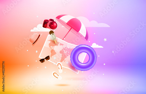 Summer travel concept. 3d vector objects with levitation effect