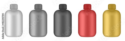 Set of red, black, white and gold bottles. Sports nutrition containers packages, fitness protein. Bodybuilding sport food. Jars with supplements for muscle growth. Creatine, BCAA, L-Carnitine, amino