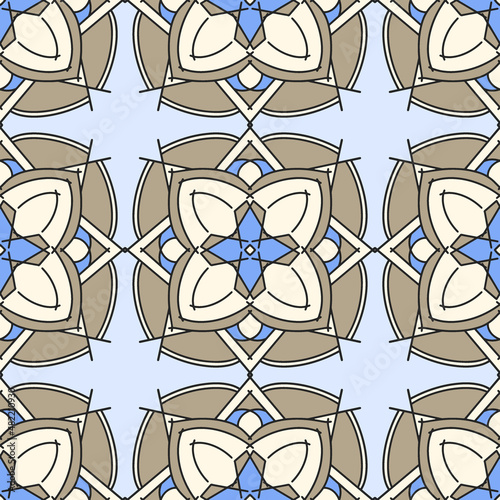 Vector ornament seamless pattern. Blue and brown geometric background.