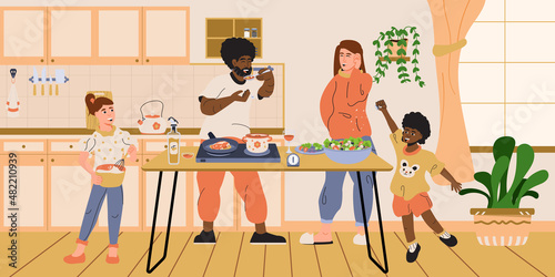 Happy interracial family at the kitchen cooking and preparing for dinner. Cheerful mixed couple with kids. Parents and children cooking together. Cartoon vector illustration.