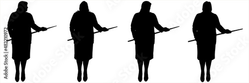 A woman with a pointer in her hands. A woman with a pointer stands still, rotates her head in different directions, up, down, to the sides. The office worker, employee, teacher, trainer. Front view.