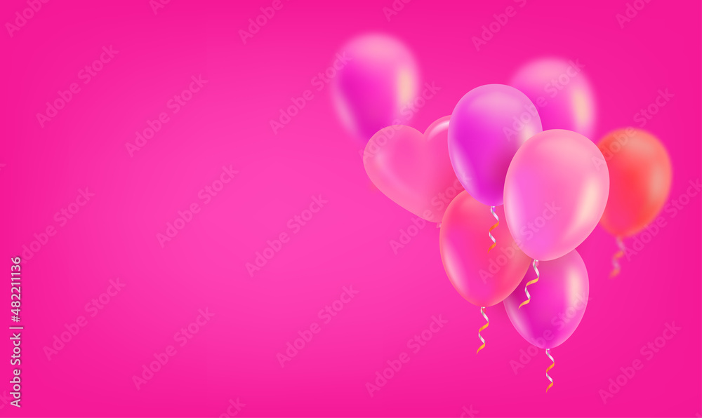 Pink air balloons on pink background. Valentines Day cad template. 3d vector banner with copy space