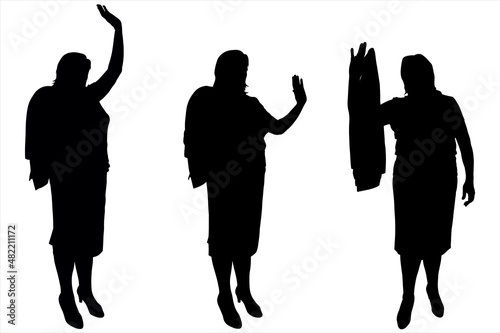 A businesswoman in a business suit holds a jacket on her shoulder with her hand, waves "Hello" with the other hand. Office worker, employee, teacher. Silhouettes isolated on white. Half-side view. 