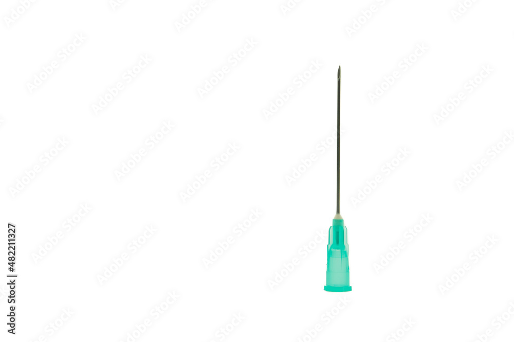 Horizontal photo with a pure white background of a medical syringe needle with a light green base and a dark metallic needle. Horizontal photo with a pure white background of a medical syringe needle with a light green base and a dark metallic needle.