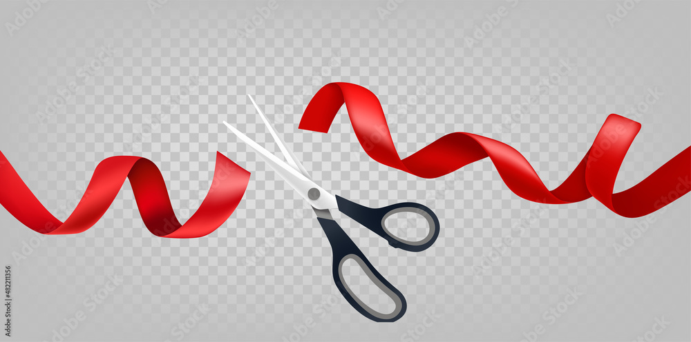 Scissors cutting red ribbon isolated on transparent background. 3d