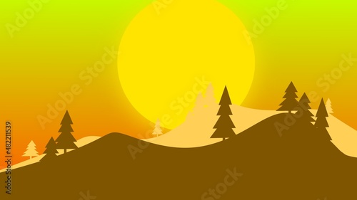 mountain and moon background with pine tree or spruce for desktop wallpaper and banner 