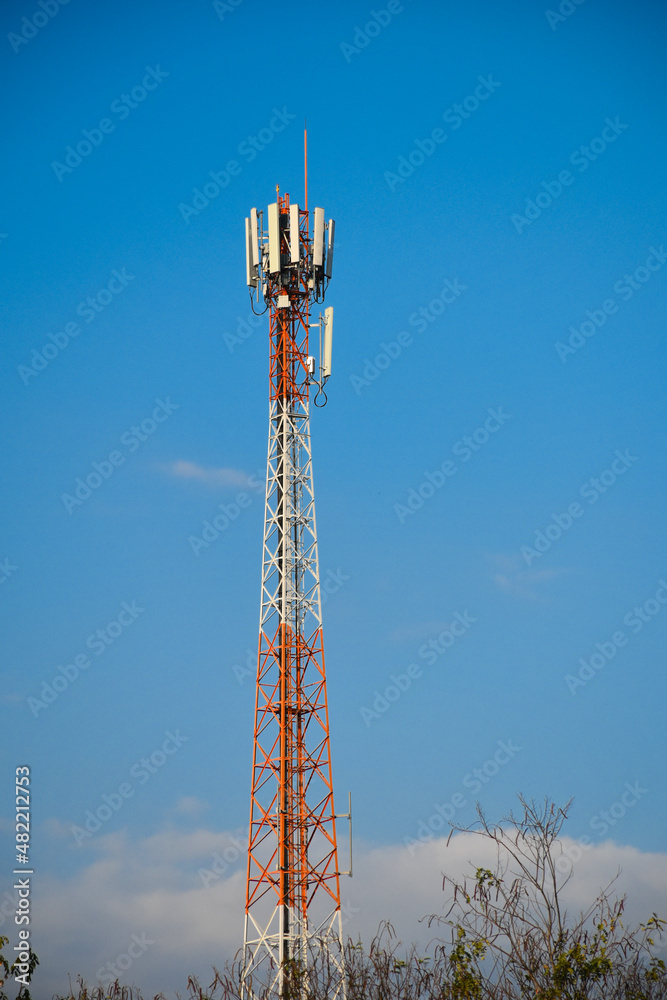 Telecommunication tower of 4G and 5G cellular. Antenna transmission communication. Cell phone signal base station. Telecommunication tower of 4G and 5G cellular. Antenna transmission communication. Cell phone signal base station.
