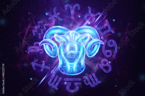 Aries zodiac sign blue hologram on the background of the zodiac signs and the starry sky. The concept of horoscope, destiny, constellations, astrology, isoterics. 3D illustration, 3D render.