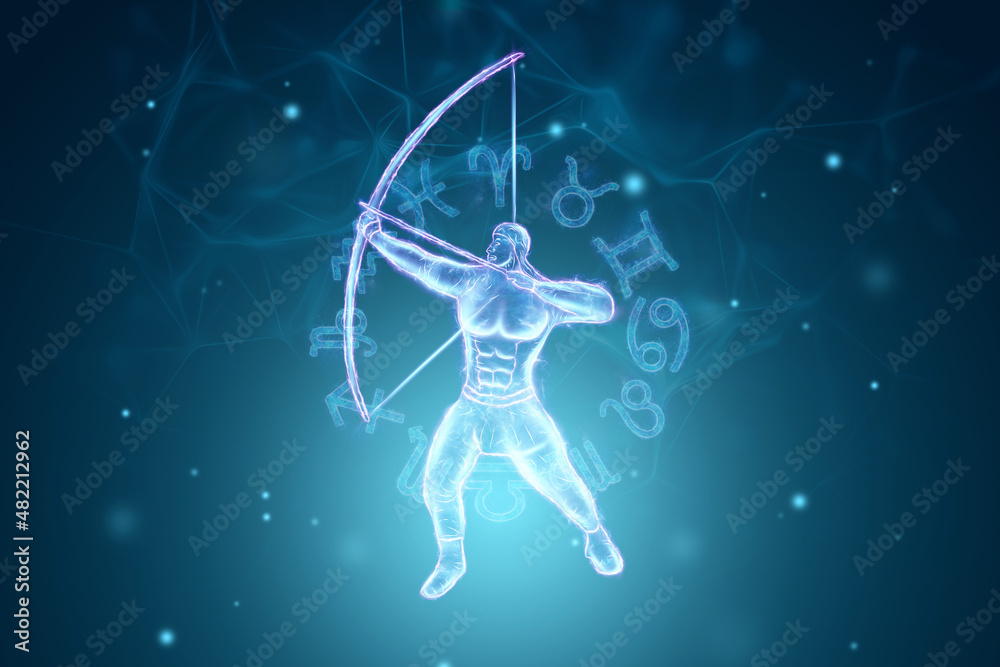 Fototapeta premium Muscular man with bow blue hologram, zodiac sign Sagittarius on the background of zodiac signs. The concept of horoscope, destiny, constellations, astrology, isoterics. 3D illustration, 3D render.