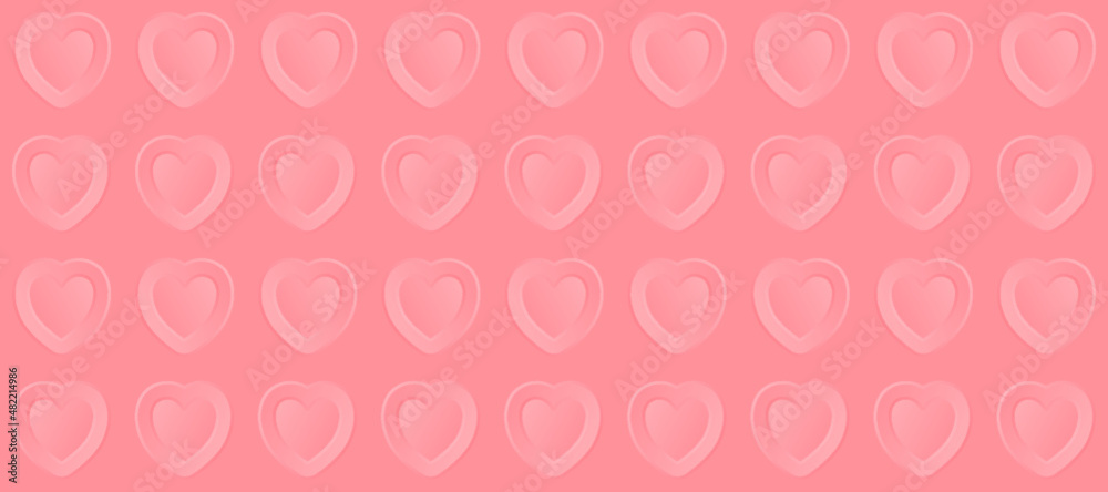Pink background with seamless pattern of 3d hearts. Design for banner, card, poster, wallpaper. For Valentine’s Day, wedding, Mother’s Day. Vector illustration and graphic resource.