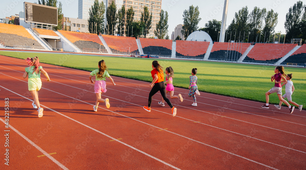 Fototapeta premium A large group of girls, are taught by a coach at the start before running at the stadium during sunset. A healthy lifestyle.