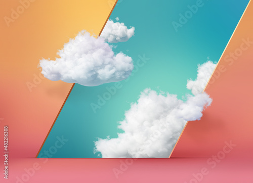 3d render, abstract peachy background with white clouds fly out of the geometric frame, optical illusion