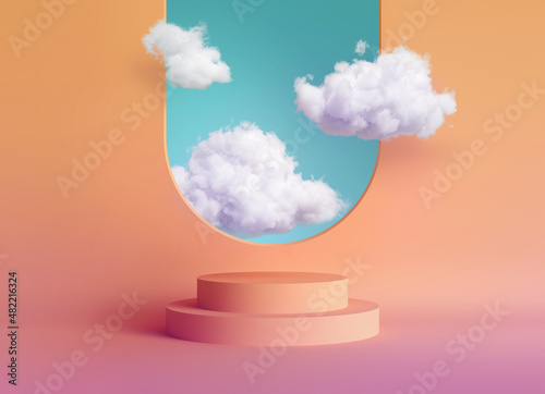 3d render, abstract peachy geometric background, modern minimal showcase scene with empty podium for product presentation, white clouds fly inside the room through the arch window, optical illusion