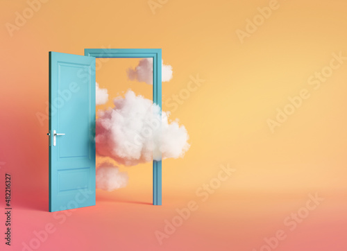 3d render, white clouds and cumulus flying out the blue open door inside the empty room. Objects isolated on peachy background. Abstract metaphor, modern minimal concept. Surreal optical illusion photo