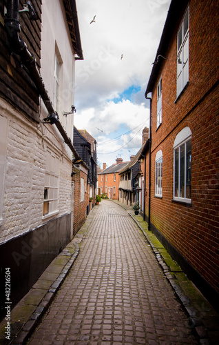 St Peter's Lane in Canterbury - a tight pedestrian street. Day, cloudy