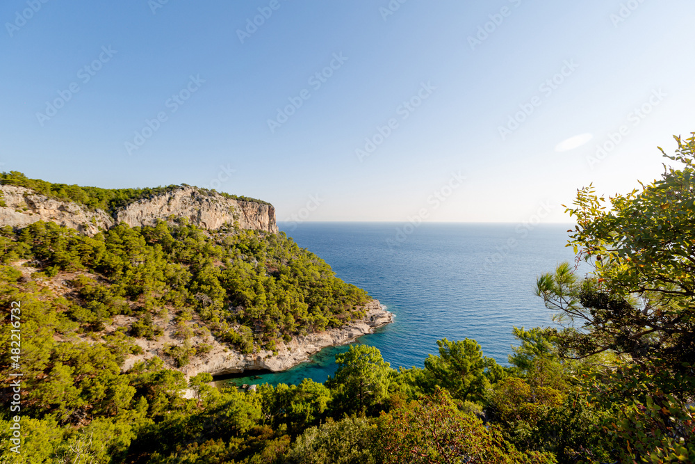 big rock with forest and azure sea in summer big rock with forest and azure sea in summer