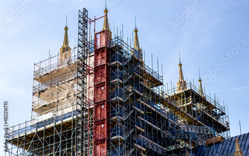 Scaffolding surrounding the two western towers of Canterbury Cathedral