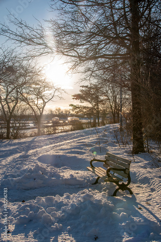 An empty bench sits at the side of a walking path beside Lakeshore Yacht Club in Colonel Samuel Smith Park in Toronto, Ontario during sunset.