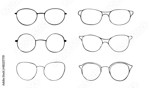 Black sketch fashion eye glasses icon set. Vector doodle cartoon illustration. Frame retro eyeglasses icons. Hand drawn doodle spectacles