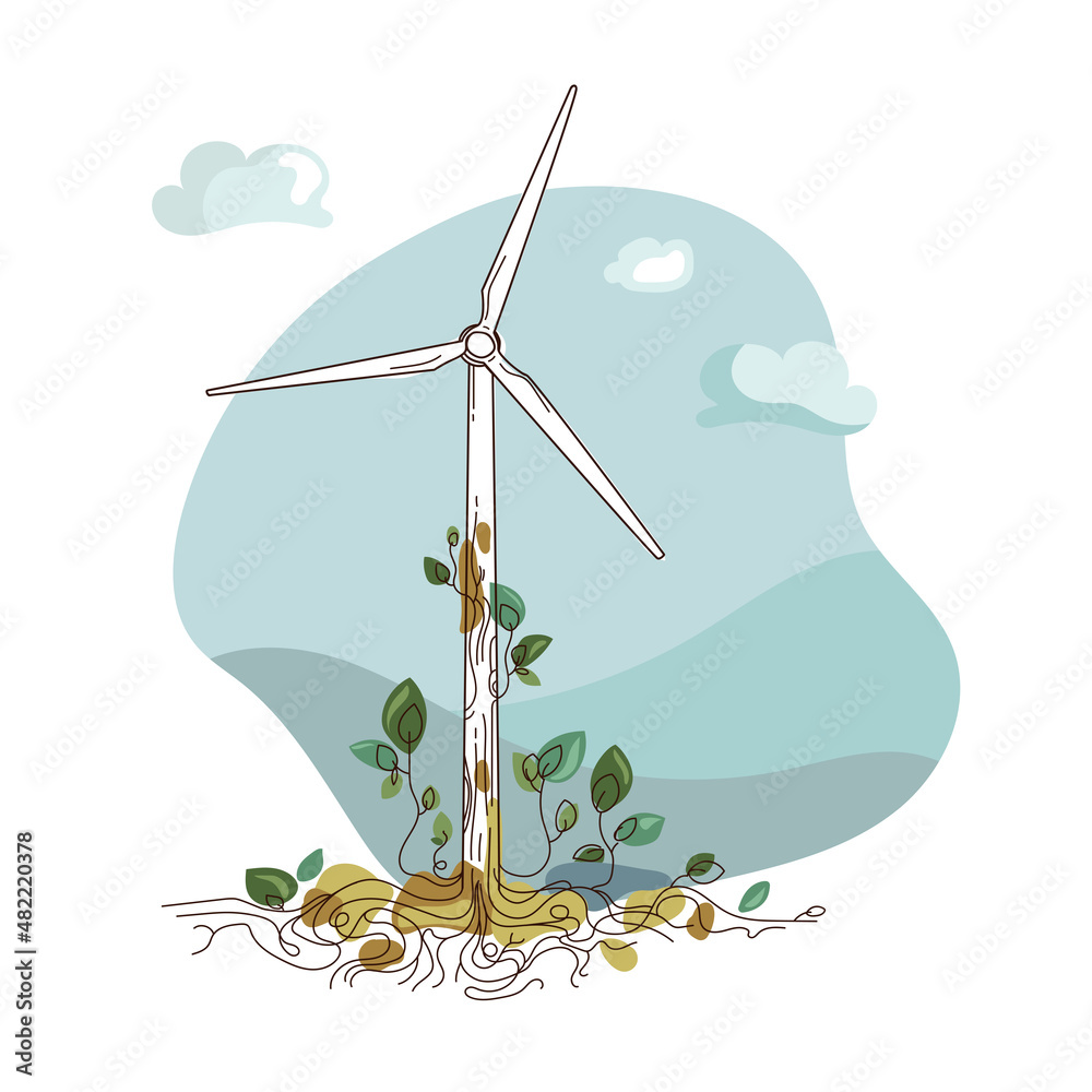 Renewable energy concept. Wind turbine with tree roots and green leaves ...
