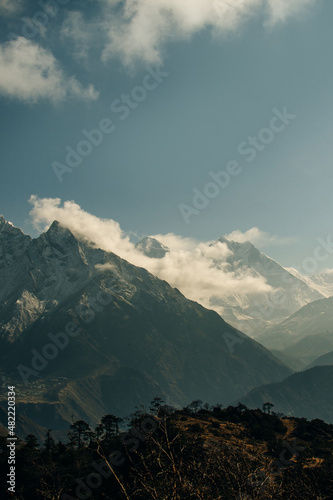 panorama view of Mount Everest massif Nuptse, Lhotse and Ama Dablam from Namche Bazar, Himalayas, Nepal. photo